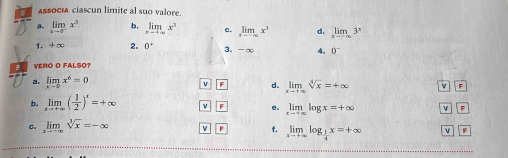 ASSOcIA ciascun limite al suo valore.
a. limlimits _xto 0^-x^3 b. limlimits _xto +∈fty x^3 c. limlimits _xto -∈fty x^3 d. limlimits _xto -∈fty 3^x
1. +∞ 2. 0^+ 3. -∞ 4. 0^-
9 VERO O FALSO?
a. limlimits _xto 0x^6=0
v F d. limlimits _xto +∈fty sqrt[4](x)=+∈fty
v F
b. limlimits _xto +∈fty ( 1/2 )^x=+∈fty
v F e. limlimits _xto +∈fty log x=+∈fty
F
c. limlimits _xto -∈fty sqrt[3](x)=-∈fty
v F f. limlimits _xto +∈fty log _ 1/4 x=+∈fty
v F