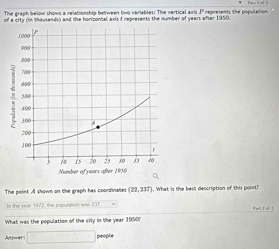 Parc 1 of 3 
The graph below shows a relationship between two variables: The vertical axis P represents the population 
of a city (in thousands) and the horizontal axis t represents the number of years after 1950. 
The point A shown on the graph has coordinates (22,237). What is the best description of this point? 
In the year 1972, the population was 237. 
Part 2 of 3 
What was the population of the city in the year 1950? 
Answer: □ people