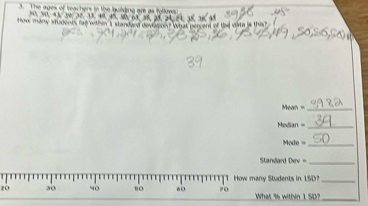 The ages of teachers in the building are as fyllows
50, 50, 13, 39, 32, 33, 19, 45, 80, 63, 38, 25, 24, 2
How many students fall within'I standard deviation? What percent of the data is this? 
Mean =_ 
Median =_ 
Mode =_ 
Standard Dev =_ 
How many Students in 1SD?_
20
30 40 60 70
What % within 1 SD?_