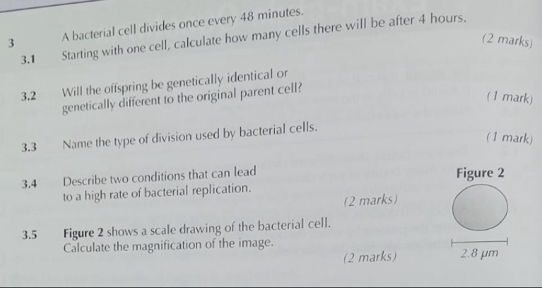 A bacterial cell divides once every 48 minutes. 
3.1 Starting with one cell, calculate how many cells there will be after 4 hours. 
(2 marks) 
3.2 Will the offspring be genetically identical or 
genetically different to the original parent cell? 
(1 mark) 
3.3 Name the type of division used by bacterial cells. 
(1 mark) 
3.4 Describe two conditions that can lead Figure 2 
to a high rate of bacterial replication. 
(2 marks) 
3.5 Figure 2 shows a scale drawing of the bacterial cell. 
Calculate the magnification of the image. 
(2 marks) 2.8 μm