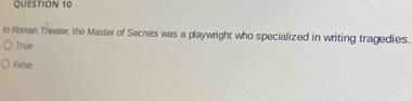 In Roman Thearer, the Master of Secrets was a playwright who specialized in writing tragedies.
True
False