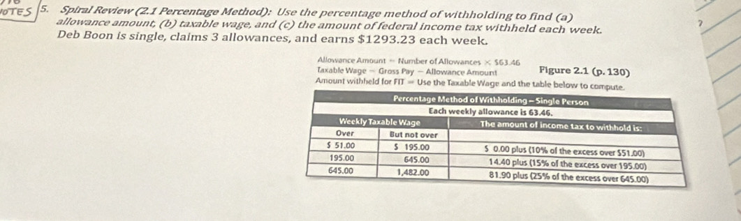 OTES 5. Spiral Review (2.1 Percentage Method): Use the percentage method of withholding to find (a) 
7 
allowance amount, (b) taxable wage, and (c) the amount of federal income tax withheld each week. 
Deb Boon is single, claims 3 allowances, and earns $1293.23 each week. 
Allowance Amount = Number of Allowances * $63.46
Taxable Wage - Gross Pay - Allowance Amount Figure 2.1 (p. 130) 
Amount withheld for FIT= Use the Taxable Wage and the table below