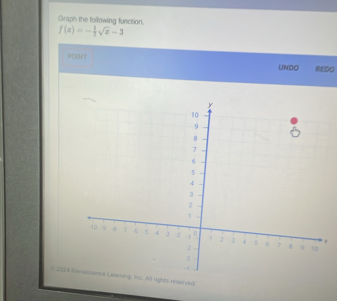 Graph the following function.
f(x)=- 1/2 sqrt(x)-3
POINT 
UNDO REDO 
* 2024 Renaissance Learning. Inc. All rights reserved