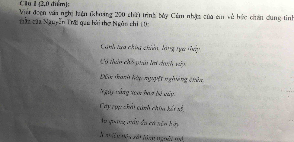 (2,0 điểm):
Viết đoạn văn nghị luận (khoảng 200 chữ) trình bày Cảm nhận của em về bức chân dung tinh
thần của Nguyễn Trãi qua bài thơ Ngôn chí 10 :
Cảnh tựa chùa chiền, lòng tựa thầy.
Có thân chở phái lợi danh vây.
Đêm thanh hớp nguyệt nghiêng chén,
Ngày vắng xem hoa bê cây.
Cây rợp chồi cành chim kết tổ,
Áo quang mầu ấu cá nên bầy.
Ít nhiều tiêu sái lòng ngoài thế.