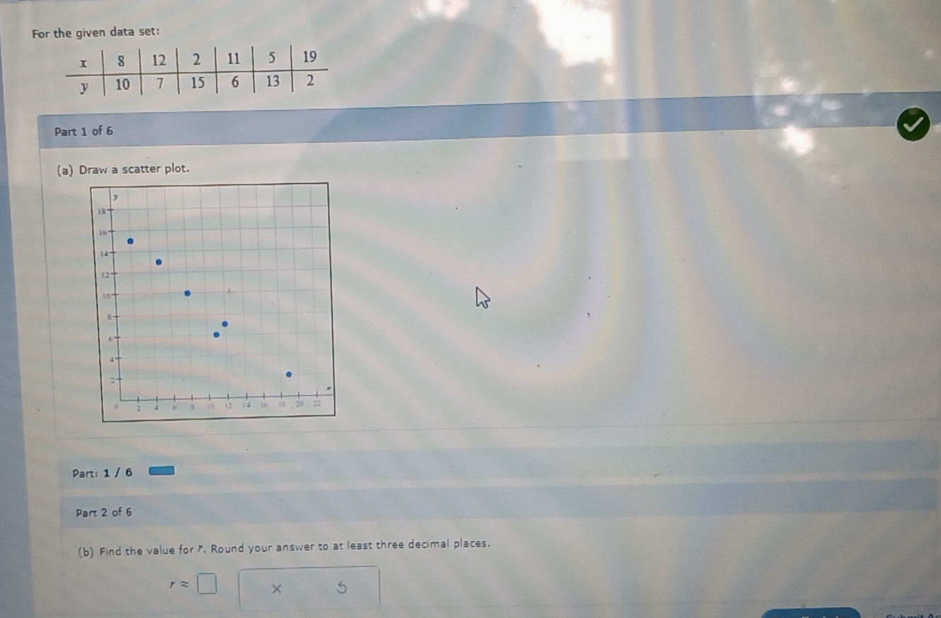 For the given data set: 
Part 1 of 6 
(a) Draw a scatter plot. 
Part: 1 / 6 
Part 2 of 6 
(b) Find the value for 7, Round your answer to at least three decimal places.
rapprox □ ×