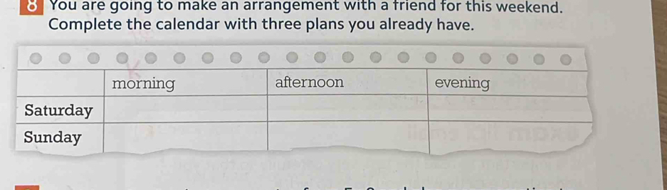 You are going to make an arrangement with a friend for this weekend. 
Complete the calendar with three plans you already have.