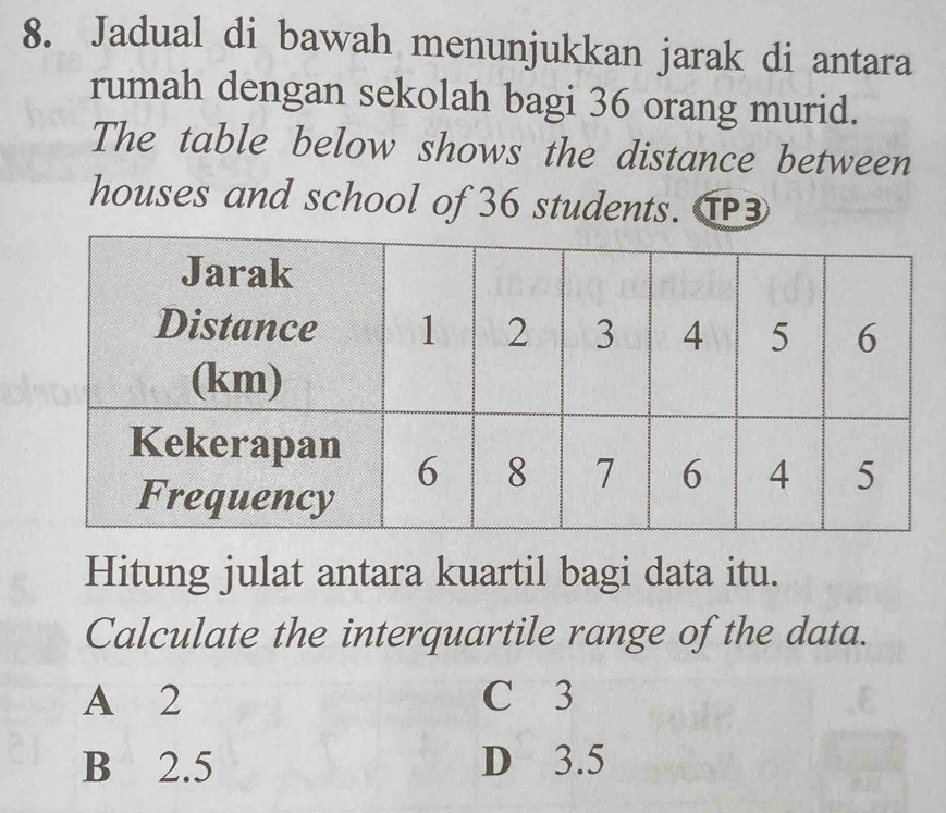 Jadual di bawah menunjukkan jarak di antara
rumah dengan sekolah bagi 36 orang murid.
The table below shows the distance between
houses and school of 36 students. T
Hitung julat antara kuartil bagi data itu.
Calculate the interquartile range of the data.
A 2 C 3
B 2.5 D 3.5