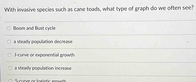 With invasive species such as cane toads, what type of graph do we often see?
Boom and Bust cycle
a steady population decrease
J-curve or exponential growth
a steady population increase
S-curve or logistic growth