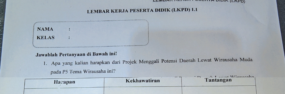 (LRPB) 
LEMBAR KERJA PESERTA DIDIK (LKPD) 1.1 
NAMA : 
KELAS : . 
Jawablah Pertanyaan di Bawah ini! 
1. Apa yang kalian harapkan dari Projek Menggali Potensi Daerah Lewat Wirausaha Muda 
pada P5 Tema Wirausaha ini?