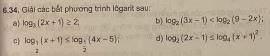 Giải các bất phương trình lôgarit sau: 
a) log _3(2x+1)≥ 2; b) log _2(3x-1) ; 
c) log _ 1/2 (x+1)≤ log _ 1/2 (4x-5); 
d) log _2(2x-1)≤ log _4(x+1)^2.