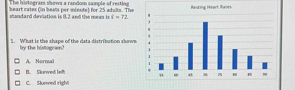 The histogram shows a random sample of resting
heart rates (in beats per minute) for 25 adults. The Resting Heart Rates
standard deviation is 8.2 and the mean is overline x=72. 
1. What is the shape of the data distribution shown 
by the histogram?
A. Normal
B. Skewed left
C. Skewed right