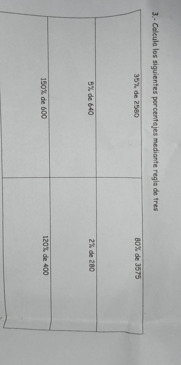 3.- Calcula los siguientes porcentajes mediante regla de tres