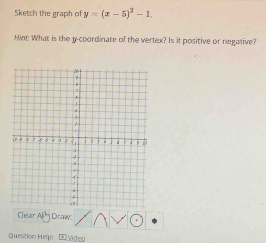 Sketch the graph of y=(x-5)^2-1, 
Hint: What is the y-coordinate of the vertex? Is it positive or negative? 
Clear Allm Draw: 
Question Help: Video