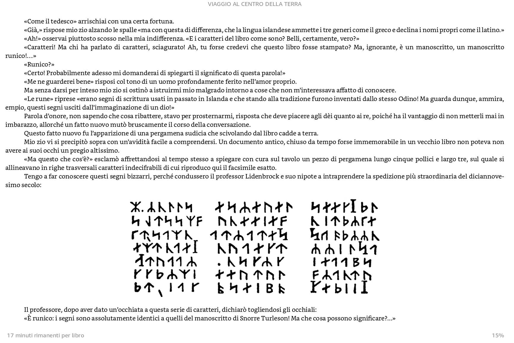 VIAGGIO AL CENTRO DELLA TERRA
«Come il tedesco» arrischiai con una certa fortuna.
«Già,» rispose mio zio alzando le spalle «ma con questa di differenza, che la lingua islandese ammette i tre generi come il greco e declina i nomi propri come il latino.»
«Ah!» osservai piuttosto scosso nella mia indifferenza. «E i caratteri del libro come sono? Belli, certamente, vero?»
«Caratteri! Ma chi ha parlato di caratteri, sciagurato! Ah, tu forse credevi che questo libro fosse stampato? Ma, ignorante, è un manoscritto, un manoscritto
runico!...»
«Runico?»
«Certo! Probabilmente adesso mi domanderai di spiegarti il significato di questa parola!»
«Me ne guarderei bene» risposi col tono di un uomo profondamente ferito nell’amor proprio.
Ma senza darsi per inteso mio zio si ostinò a istruirmi mio malgrado intorno a cose che non m’interessava affatto di conoscere.
«Le rune» riprese «erano segni di scrittura usati in passato in Islanda e che stando alla tradizione furono inventati dallo stesso Odino! Ma guarda dunque, ammira,
empio, questi segni usciti dall’immaginazione di un dio!»
Parola d’onore, non sapendo che cosa ribattere, stavo per prosternarmi, risposta che deve piacere agli dèi quanto ai re, poiché ha il vantaggio di non metterli mai in
imbarazzo, allorché un fatto nuovo mutò bruscamente il corso della conversazione.
Questo fatto nuovo fu l’apparizione di una pergamena sudicia che scivolando dal libro cadde a terra.
Mio zio vi si precipitò sopra con un’avidità facile a comprendersi. Un documento antico, chiuso da tempo forse immemorabile in un vecchio libro non poteva non
avere ai suoi occhi un pregio altissimo.
«Ma questo che cos’è?» esclamò affrettandosi al tempo stesso a spiegare con cura sul tavolo un pezzo di pergamena lungo cinque pollici e largo tre, sul quale si
allineavano in righe trasversali caratteri indecifrabili di cui riproduco qui il facsimile esatto.
Tengo a far conoscere questi segni bizzarri, perché condussero il professor Lidenbrock e suo nipote a intraprendere la spedizione più straordinaria del diciannove-
simo secolo:
tYADtN YttrI6N
4JT4५YF NATTITF A1bArt
「R41Y 11G Gn AbddA
+YA1tI AD1K φφ1 N1
I11 111BY
o r
rrbAYI h N FA1MD
6、11 B 
Il professore, dopo aver dato un’occhiata a questa serie di caratteri, dichiarò togliendosi gli occhiali:
«È runico: i segni sono assolutamente identici a quelli del manoscritto di Snorre Turleson! Ma che cosa possono significare?...»
17 minuti rimanenti per libro 15%