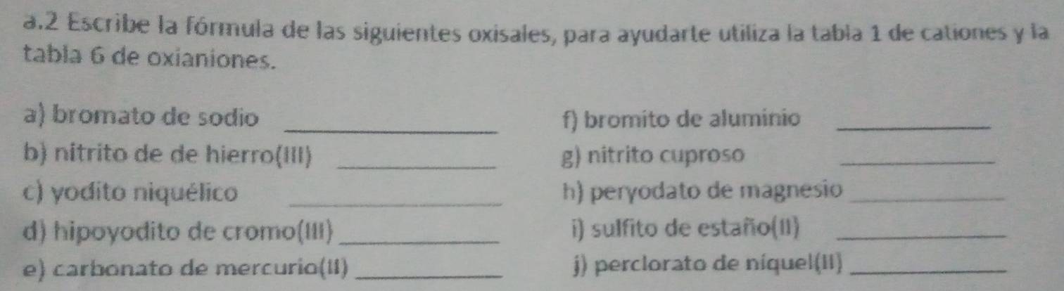 Escribe la fórmula de las siguientes oxisales, para ayudarte utiliza la tabla 1 de cationes y la 
tabla 6 de oxianiones. 
a) bromato de sodio _f) bromito de aluminio_ 
b) nitrito de de hierro(III) _g) nitrito cuproso_ 
c) yodito niquélico _h) peryodato de magnesio_ 
d) hipoyodito de cromo(III) _i) sulfito de estaño(II)_ 
e) carbonato de mercurio(II) _j) perclorato de níquel(II)_