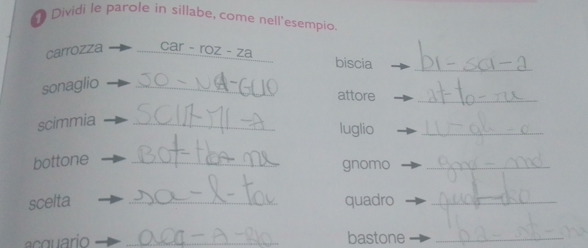 1Dividi le parole in sillabe, come nell'esempio. 
carrozza _car - roz - za biscia_ 
_ 
sonaglio_ 
attore 
scimmia_ 
luglio 
_ 
bottone_ 
gnomo_ 
scelta _quadro_ 
acquario _bastone_