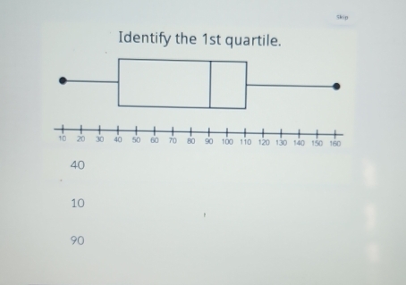 Skip
Identify the 1st quartile.
40
10
90