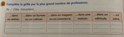 Complète la grille par le plus grand nombre de professions. 
Ils / Elles travaillent...