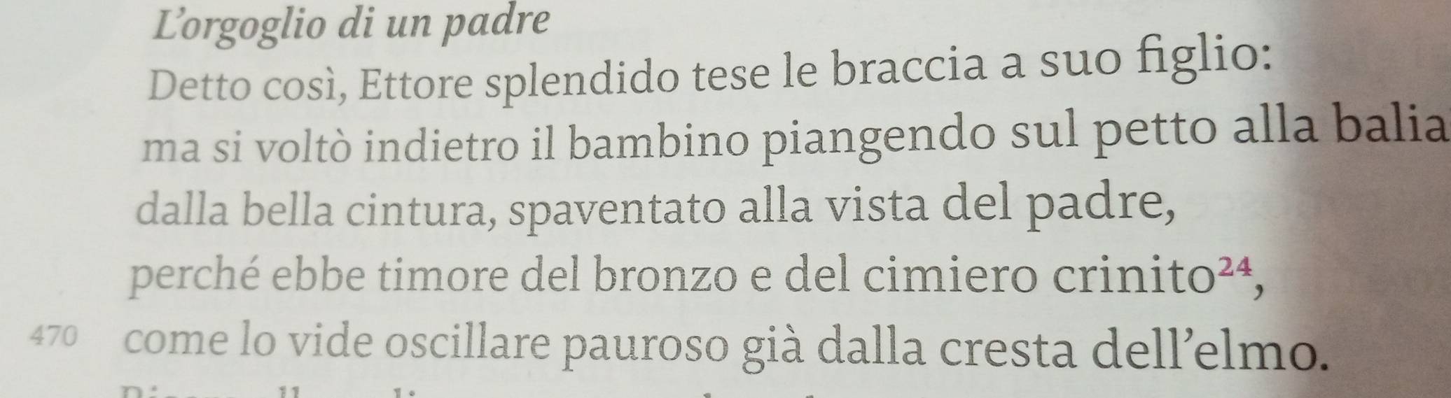 Lorgoglio di un padre 
Detto così, Ettore splendido tese le braccia a suo figlio: 
ma si voltò indietro il bambino piangendo sul petto alla balia 
dalla bella cintura, spaventato alla vista del padre, 
perché ebbe timore del bronzo e del cimiero crinito²ª,
470 come lo vide oscillare pauroso già dalla cresta dell’elmo.