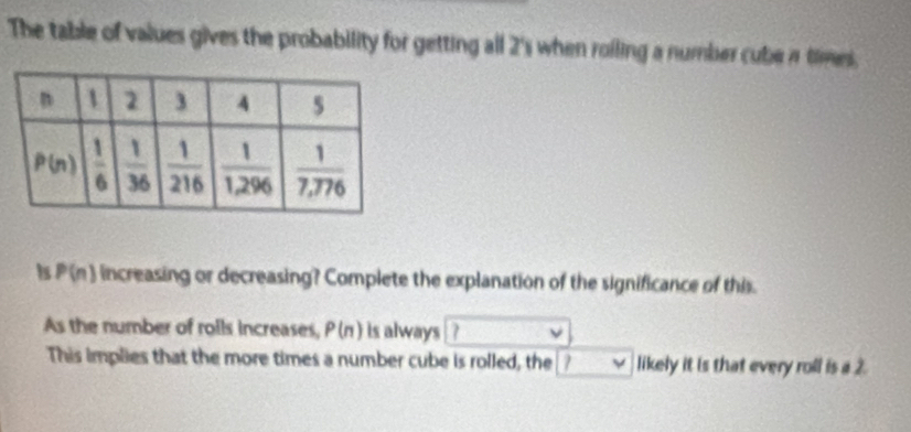 The table of values gives the probability for getting all 2's when roiling a number cube n times.
Is P(n) increasing or decreasing? Complete the explanation of the significance of this.
As the number of roils increases, P(n) is always ?
This implies that the more times a number cube is rolled, the ? likely it is that every roll is a 2.