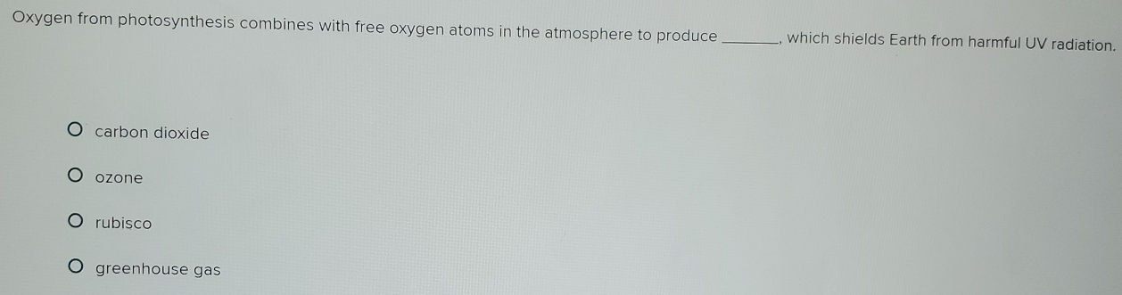 Oxygen from photosynthesis combines with free oxygen atoms in the atmosphere to produce _, which shields Earth from harmful UV radiation.
carbon dioxide
ozone
rubisco
greenhouse gas