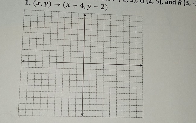 Q(2,5)
1. (x,y)to (x+4,y-2) , and R(3,-