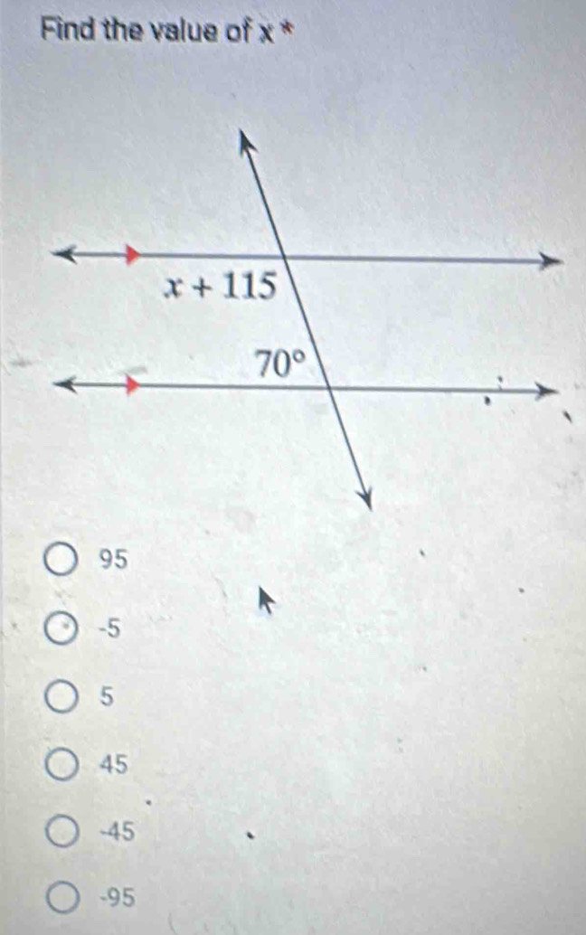 Find the value of x *
95
-5
5
45
-45
-95