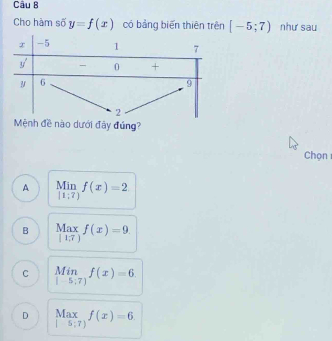 Cho hàm số y=f(x) có bảng biến thiên trên [-5;7) như sau
Mệnh đề nào dưới đây đúng?
Chọn
A beginarrayr Min |1;7)endarray f(x)=2
B Max f(x)=9.
[1,7)
C _(|-5;7))^(Min)f(x)=6.
D Max_5;7)f(x)=6.