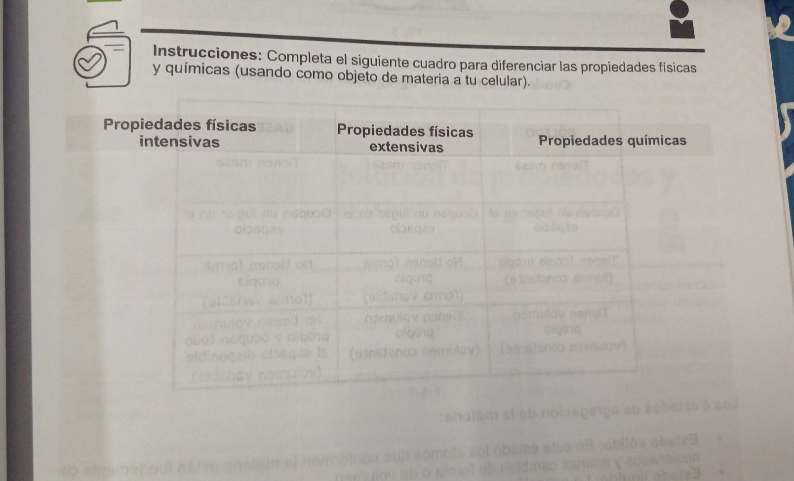 Instrucciones: Completa el siguiente cuadro para diferenciar las propiedades físicas 
y químicas (usando como objeto de materia a tu celular). 
holam at eb nolosgaigs ab aobaizs .