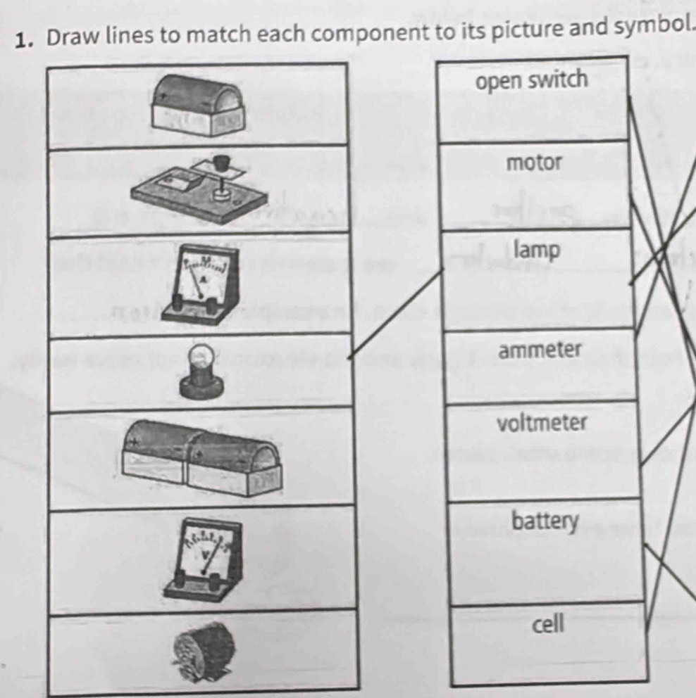 lines to match each component to its picture and symbol.