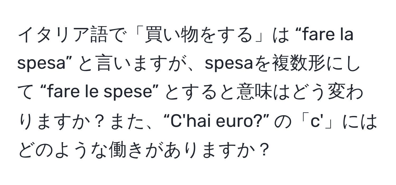 イタリア語で「買い物をする」は “fare la spesa” と言いますが、spesaを複数形にして “fare le spese” とすると意味はどう変わりますか？また、“C'hai euro?” の「c'」にはどのような働きがありますか？