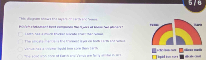 5 / 6
This diagram shows the layers of Earth and Venus.
Which statement best compares the layers of these two planets? Venus Earth
Earth has a much thicker silicate crust than Venus.
The silicate mantle is the thinnest layer on both Earth and Venus.
Venus has a thicker liquid iron core than Earth. solid iron core silicate mantle
The solid iron core of Earth and Venus are fairly similar in size. liquid iron core silicate crust