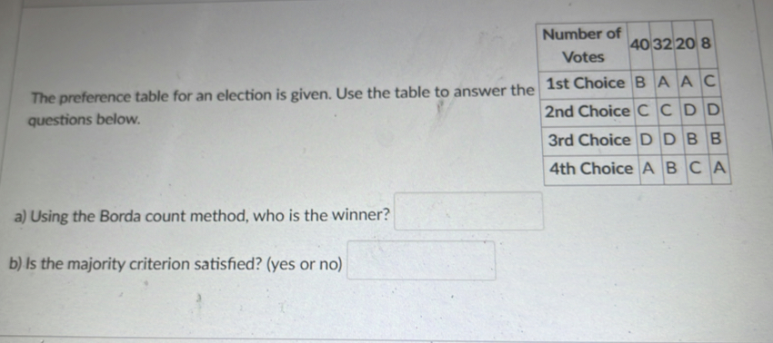 The preference table for an election is given. Use the table to answer th 
questions below. 
a) Using the Borda count method, who is the winner? 
b) Is the majority criterion satisfed? (yes or no)