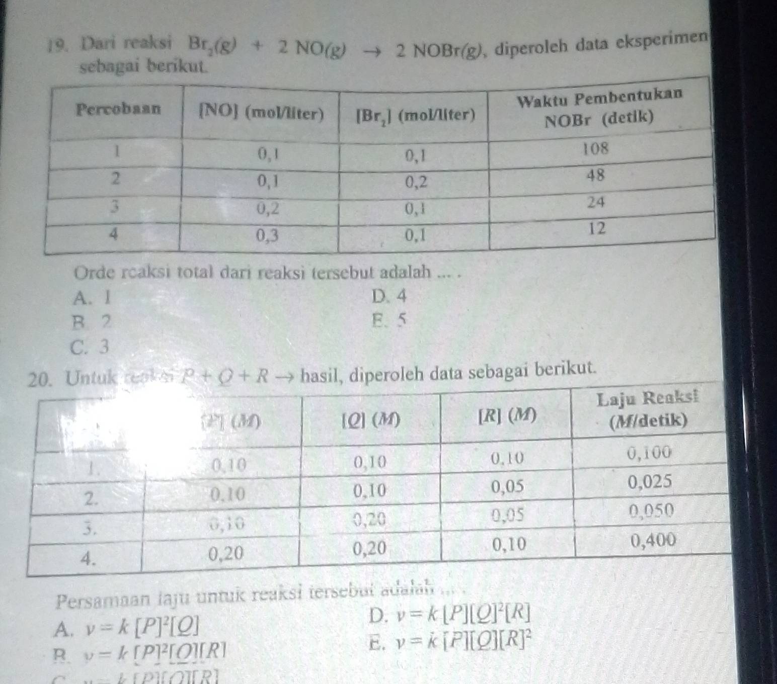 Dari reaksi Br_2(g)+2NO(g)to 2NOBr(g) , diperoleh data eksperímen
sebagai berikut.
Orde roaksi total dari reaksi tersebut adalah ... .
A. l D. 4
B. 2 E. 5
C. 3
Untuk reak e P+Q+R hasil, diperoleh data sebagai berikut.
Persamaan laju untuk reaksɨ tersebut adałah
A. v=k[P]^2[Q]
D. v=k[P][Q]^2[R]
R. v=k[P]^2[Q][R]
E. v=k[P][Q][R]^2
C b.ABD⊥ DIDID D