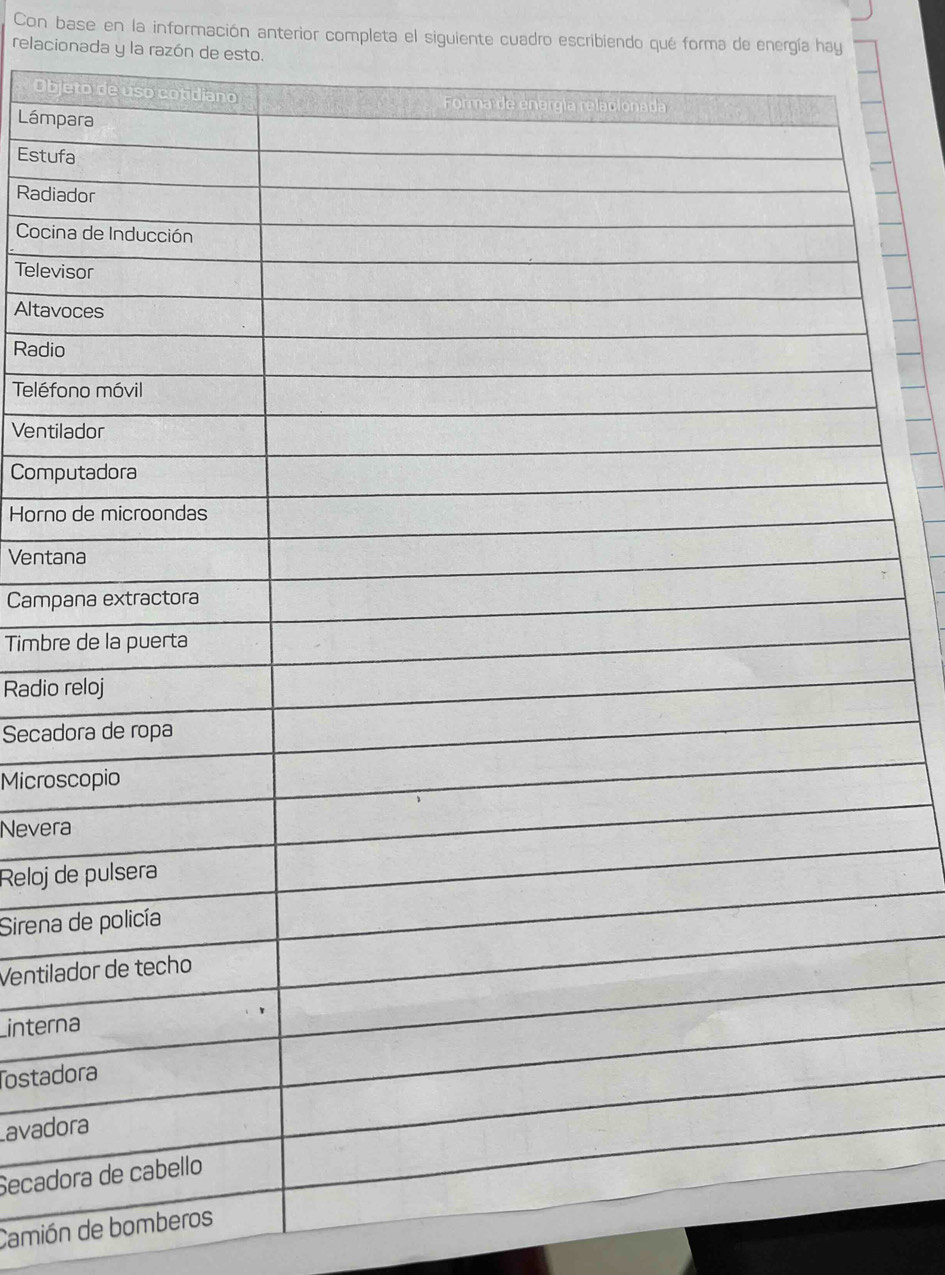 Con base en la información anterior completa el siguiente cuadro escribiendo qué forma de energía hay 
relacionada y la razón de esto. 
Obj 
Lámp 
Estuf 
Radia 
Cocin 
Televi 
Altav 
Radio 
Teléfo 
Venti 
Comp 
Horno 
Venta 
Camp 
Timbre 
Radio 
Secad 
Micros 
Never 
Reloj d 
Sirena 
Ventila 
intern 
Tostad 
avado 
Secad 
Camión de bomberos