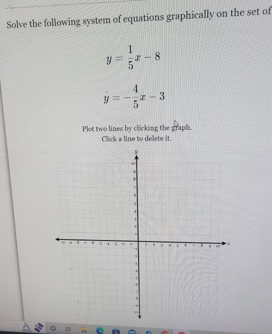 Solve the following system of equations graphically on the set of
y= 1/5 x-8
dot y=- 4/5 x-3
Plot two lines by clicking the graph.
Click a line to delete it.