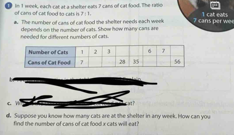 In 1 week, each cat at a shelter eats 7 cans of cat food. The ratio 
of cans of cat food to cats is 7:1. 1 cat eats 
a. The number of cans of cat food the shelter needs each week 7 cans per wee 
depends on the number of cats. Show how many cans are 
needed for different numbers of cats. 
b 
c. W at? 
d. Suppose you know how many cats are at the shelter in any week. How can you 
find the number of cans of cat food x cats will eat?