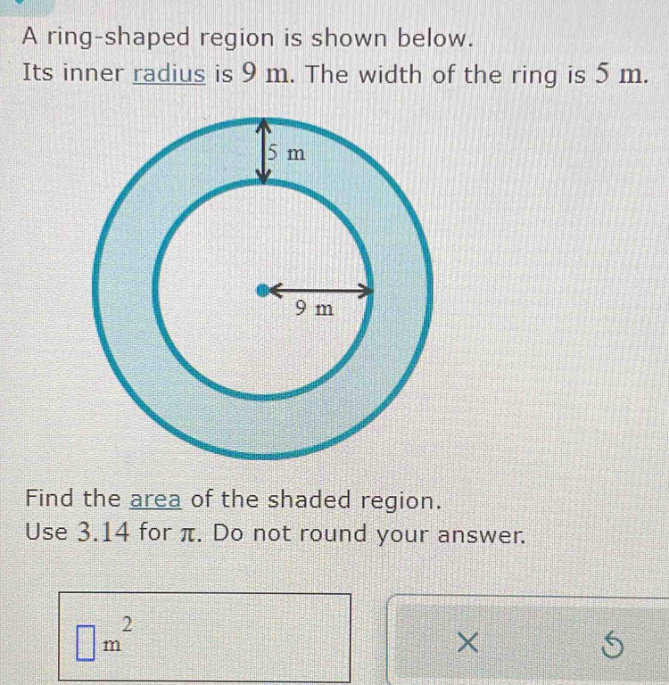 Solved: A ring-shaped region is shown below. Its inner radius is 9 m ...