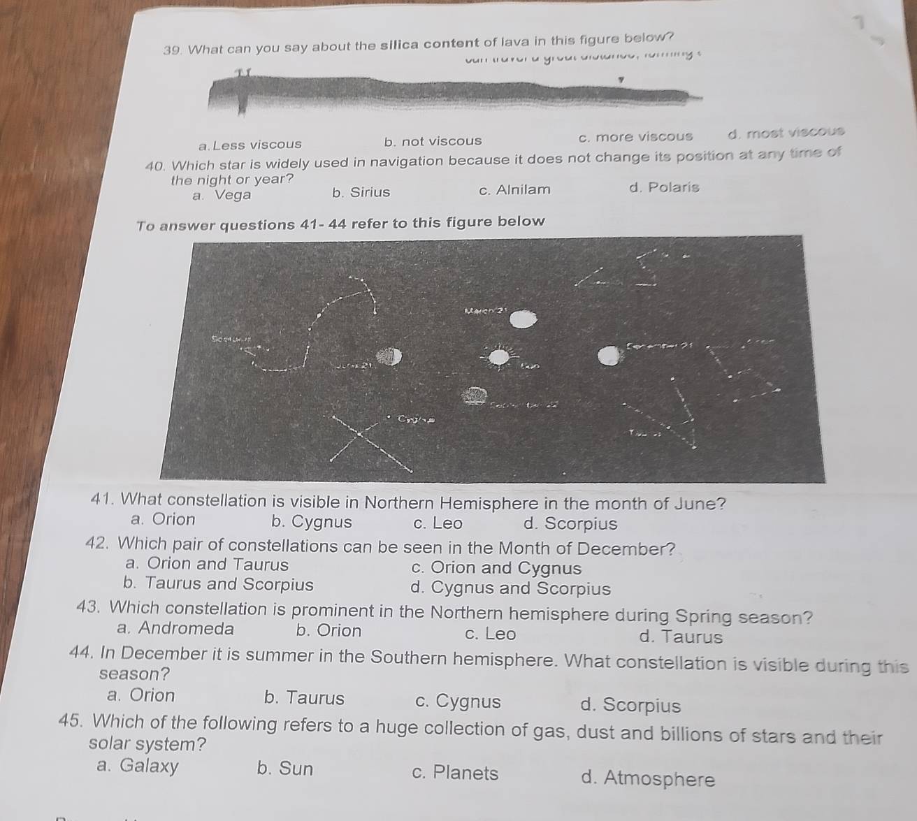 What can you say about the silica content of lava in this figure below?
an ta rer a groat aotance, ro ng
a Less viscous b. not viscous c. more viscous d. most viscous
40. Which star is widely used in navigation because it does not change its position at any time of
the night or year? d. Polaris
a. Vega b. Sirius c. Alnilam
To answer questions 41- 44 refer to this figure below
41. What constellation is visible in Northern Hemisphere in the month of June?
a. Orion b. Cygnus c. Leo d. Scorpius
42. Which pair of constellations can be seen in the Month of December?
a. Orion and Taurus c. Orion and Cygnus
b. Taurus and Scorpius d. Cygnus and Scorpius
43. Which constellation is prominent in the Northern hemisphere during Spring season?
a. Andromeda b. Orion c. Leo d. Taurus
44. In December it is summer in the Southern hemisphere. What constellation is visible during this
season?
a. Orion b. Taurus c. Cygnus d. Scorpius
45. Which of the following refers to a huge collection of gas, dust and billions of stars and their
solar system?
a. Galaxy b. Sun c. Planets d. Atmosphere