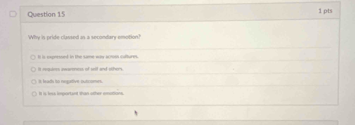 Why is pride classed as a secondary emotion?
It is expressed in the same way across cultures.
It requires awareness of self and others.
It leads to negative outcomes.
It is less important than other emotions.