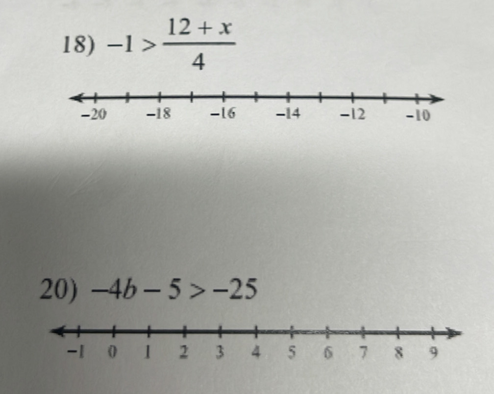 -1> (12+x)/4 
20) -4b-5>-25