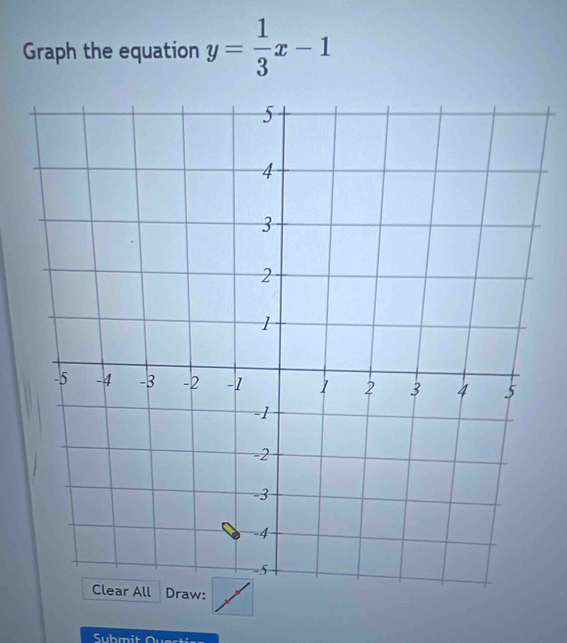 Graph the equation y= 1/3 x-1
Draw: 
Submit