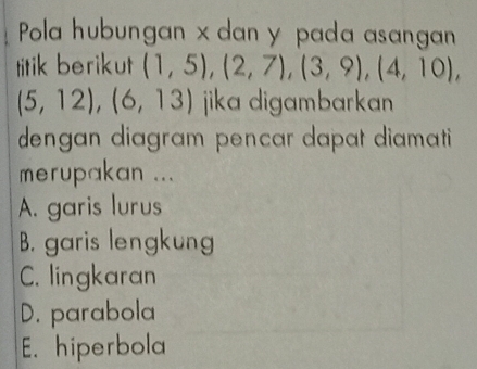 Pola hubungan x dan y pada asangan
titik berikut (1,5),(2,7), (3,9),(4,10),
(5,12),(6,13) jika digambarkan 
dengan diagram pençar dapat diamati
merupakan ...
A. garis lurus
B. garis lengkung
C. lingkaran
D. parabola
E. hiperbola