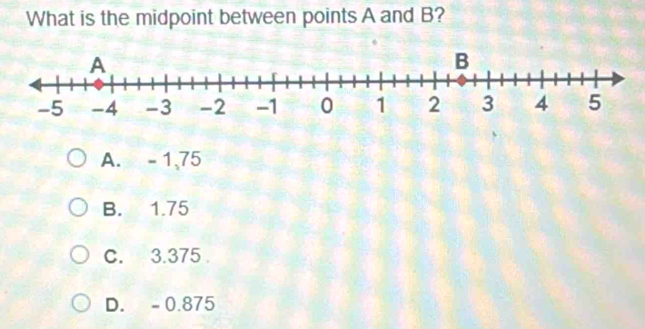 What is the midpoint between points A and B?
A. - 1,75
B. 1.75
C. 3.375.
D. - 0.875