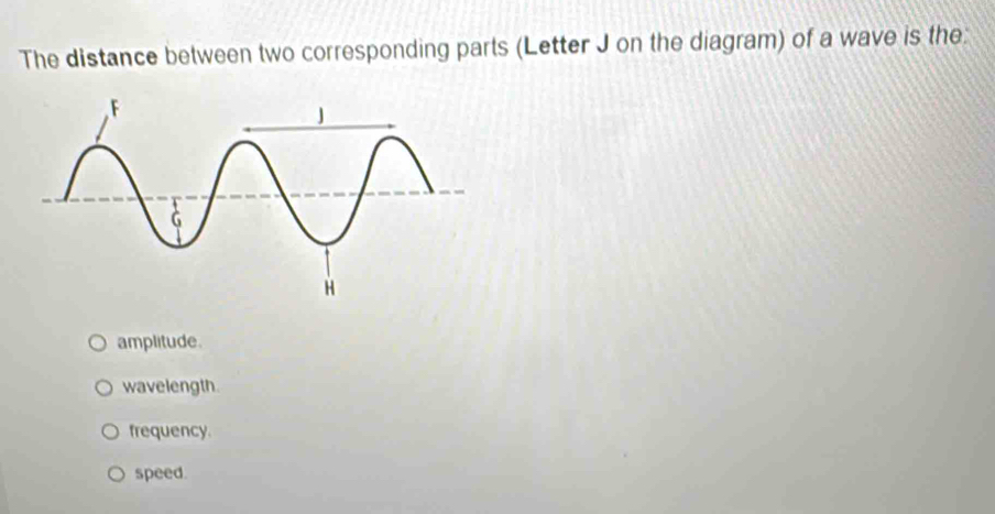 The distance between two corresponding parts (Letter J on the diagram) of a wave is the:
amplitude.
wavelength.
frequency.
speed.