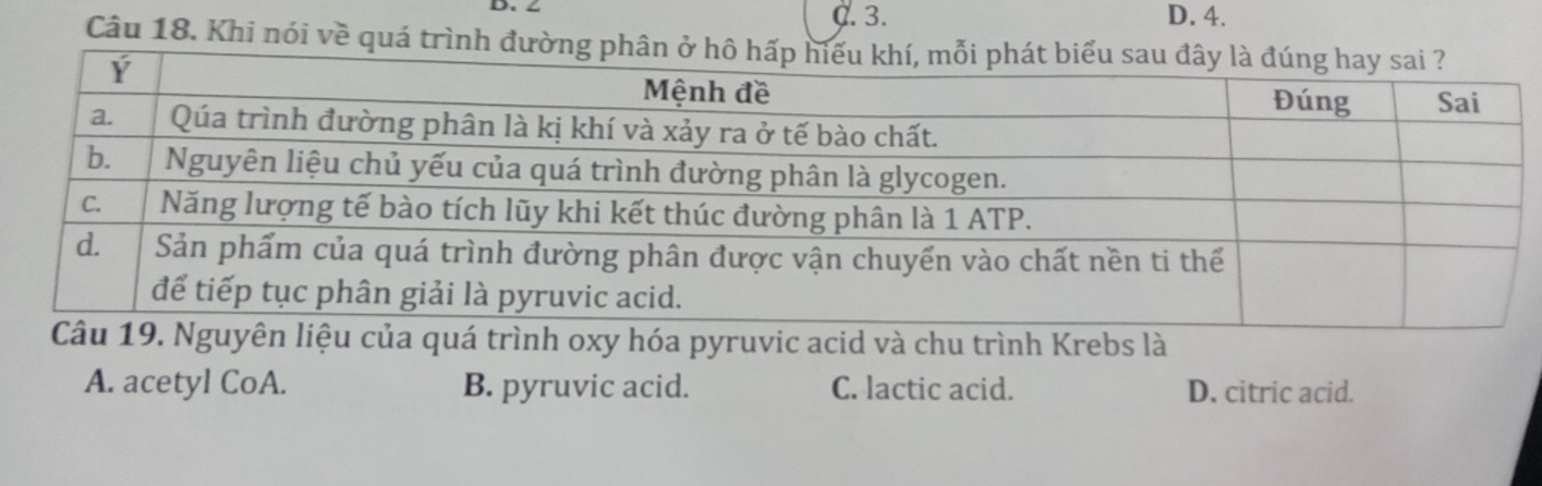 ∠ C. 3. D. 4.
Câu 18. Khi nói về quá trình đường
uá trình oxy hóa pyruvic acid và chu trình Krebs là
A. acetyl CoA. B. pyruvic acid. C. lactic acid. D. citric acid.