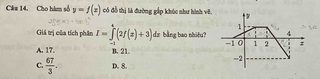 Cho hàm số y=f(x) có đồ thị là đường gấp khúc như hình vẽ.
Giá trị của tích phân I=∈tlimits _(-1)^4(2f(x)+3)dx bằng bao nhiêu?
A. 17. B. 21.
C.  67/3 .
D. 8.