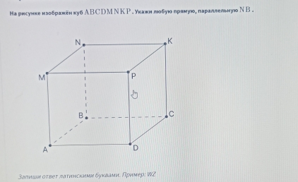 На рисунке изображен ку6 АВCDМ ΝКР . укажилбую лрямую, лараллельнуюо ΝВ . 
загиши оτвеτ лаτинскиии δуквами. Аример; WZ