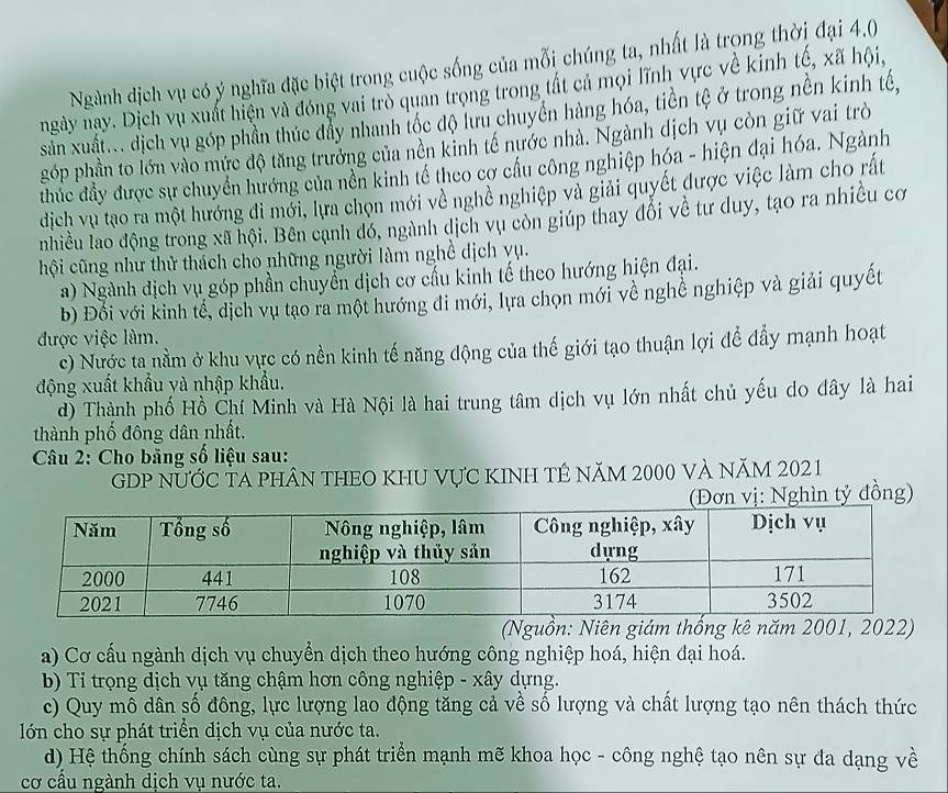 Ngành dịch vụ có ý nghĩa đặc biệt trong cuộc sống của mỗi chúng ta, nhất là trọng thời đại 4.0
ngày nay. Dịch vụ xuất hiện và đóng vai trò quản trọng trong tất cả mọi lĩnh vực về kinh tế, xã hội,
sản xuất... địch vụ góp phần thúc đẩy nhanh tốc độ lưu chuyền hàng hóa, tiền tệ ở trong nền kinh tế,
góp phần to lớn vào mức độ tăng trưởng của nền kinh tế nước nhà. Ngành dịch vụ còn giữ vai trò
thúc đầy được sự chuyển hướng của nền kinh tế theo cơ cầu công nghiệp hóa - hiện đại hóa. Ngành
dịch vụ tạo ra một hướng đi mới, lựa chọn mới về nghê nghiệp và giải quyết được việc làm cho rất
nhiều lao động trong xã hội. Bên cạnh đó, ngành dịch vụ còn giúp thay đổi về tư duy, tạo ra nhiều cơ
hội cũng như thử thách cho những người làm nghề dịch yụ.
a) Ngành dịch vụ góp phần chuyển dịch cơ cầu kinh tế theo hướng hiện đại.
b) Đối với kinh tế, dịch vụ tạo ra một hướng đi mới, lựa chọn mới về nghề nghiệp và giải quyết
được việc làm.
c) Nước ta nằm ở khu vực có nền kinh tế năng động của thế giới tạo thuận lợi để đẩy mạnh hoạt
động xuất khẩu yà nhập khẩu.
d) Thành phố Hồ Chí Minh và Hà Nội là hai trung tâm dịch vụ lớn nhất chủ yếu do đây là hai
thành phố đông dân nhất.
* Câu 2: Cho bảng số liệu sau:
GDP nƯỚC TA phân tHEO khU vực kINh tẻ năm 2000 và năm 2021
(Đơn vị: Nghìn tỷ đồng)
(Nguồn: Niên giám thống kê năm 2001, 2022)
a) Cơ cấu ngành dịch vụ chuyển dịch theo hướng công nghiệp hoá, hiện đại hoá.
b) Tỉ trọng dịch vụ tăng chậm hơn công nghiệp - xây dựng.
c) Quy mô dân số đông, lực lượng lao động tăng cả về số lượng và chất lượng tạo nên thách thức
lớn cho sự phát triển dịch vụ của nước ta.
d) Hệ thống chính sách cùng sự phát triển mạnh mẽ khoa học - công nghệ tạo nên sự đa dạng về
cơ cầu ngành dịch vụ nước ta.