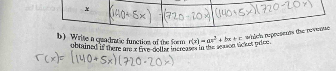 Write a quadratic function of the form r(x)=ax^2+bx+c which repres 
obtained if there are x five-dollar increases in the season ticket price.